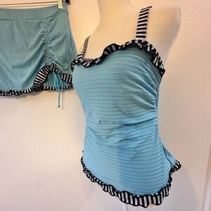Poolside Resort Wear Ruffle Trim Ribbed Modest Tankini Swimsuit Set Women M Blue